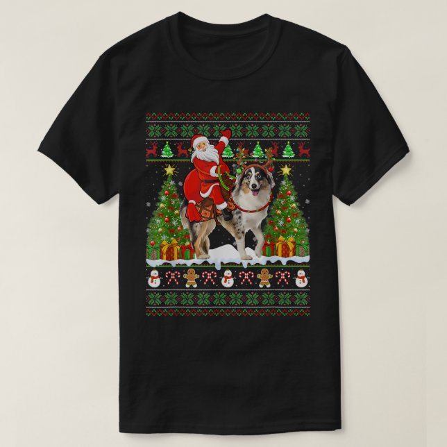 Funny Xmas Ugly Santa Riding Australian Shepherd C T-Shirt (Design Front)