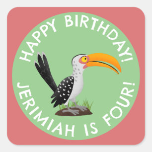 Funny yellow billed hornbill personalized birthday square sticker