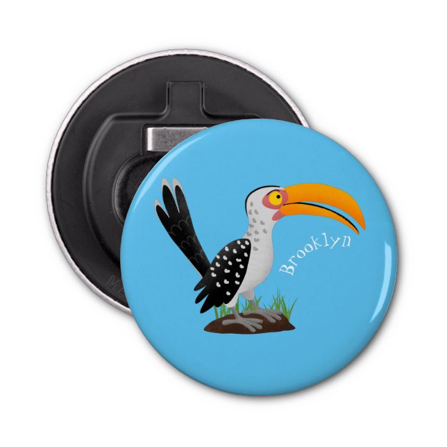 Funny yellow billed hornbill safari bird cartoon bottle opener (Front)