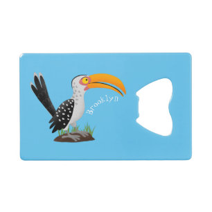 Funny yellow billed hornbill safari bird cartoon credit card bottle opener