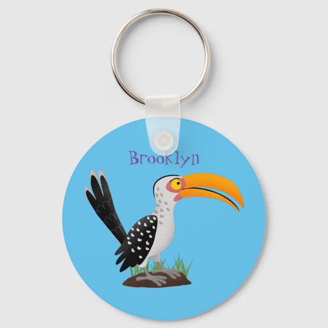 Funny yellow billed hornbill safari bird cartoon keychain (Front)