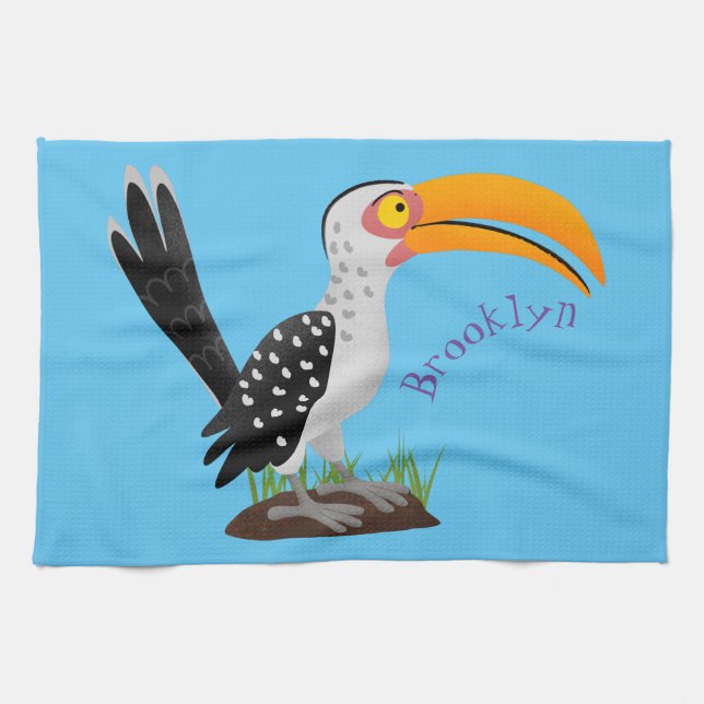 Funny yellow billed hornbill safari bird cartoon kitchen towel (Horizontal)