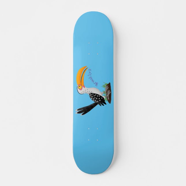Funny yellow billed hornbill safari bird cartoon skateboard (Front)
