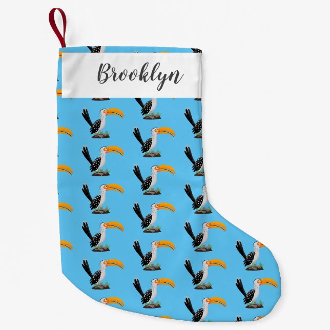 Funny yellow billed hornbill safari bird cartoon small christmas stocking (Front)