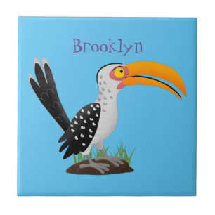 Funny yellow billed hornbill safari bird cartoon tile