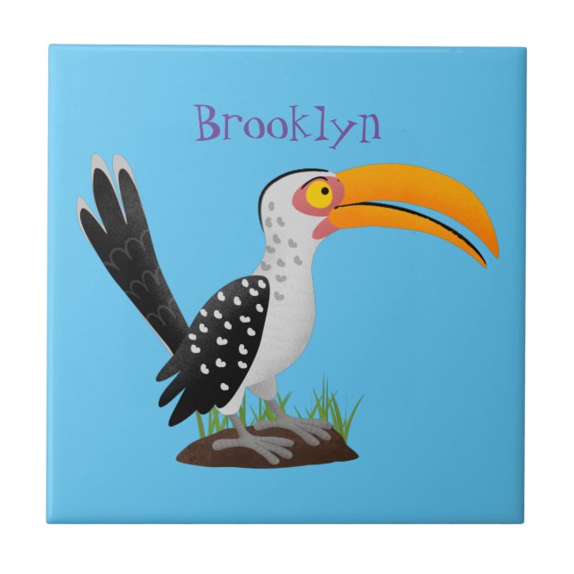 Funny yellow billed hornbill safari bird cartoon tile (Front)