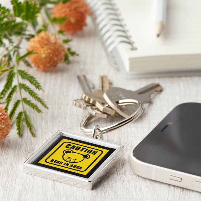 Funny Yellow Black Teddy Bear Warning Sign Art Keychain (Side)