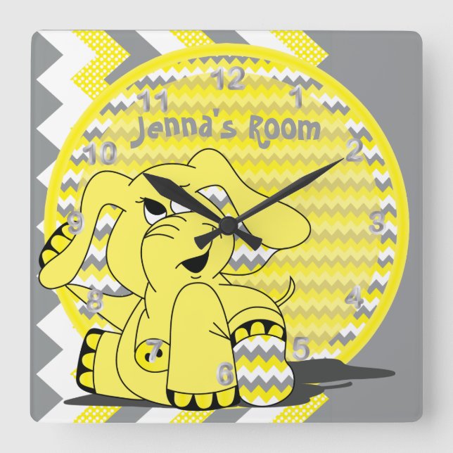 Funny Yellow Chevron Silly Elephant Square Wall Clock (Front)