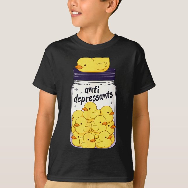 Funny Yellow Duck Anti Depressant Jar Zoo Boys Gir T-Shirt (Front)