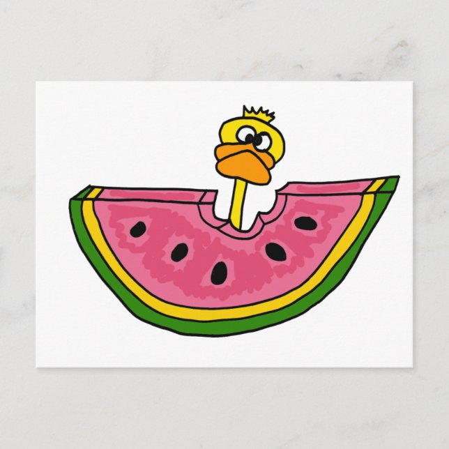 Funny Yellow Duck Eating Watermelon Postcard (Front)