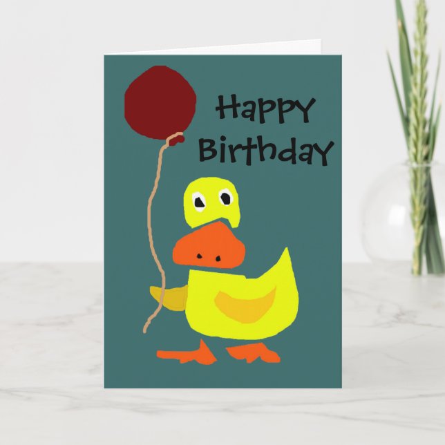 Funny Yellow Duck Holding Red Balloon Card (Front)