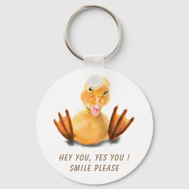 Funny Yellow Duck Playful Wink Happy Smile Cartoon Keychain (Front)