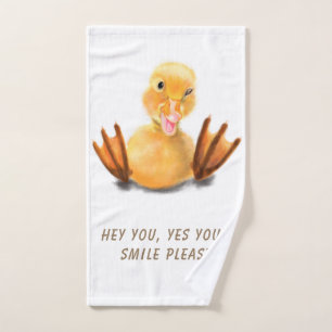 Funny Yellow Duck Playful Wink Smile - Custom Text Bath Towel Set