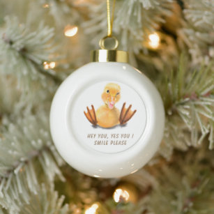 Funny Yellow Duck Playful Wink Smile - Custom Text Ceramic Ball Christmas Ornament