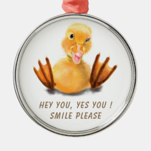 Funny Yellow Duck Playful Wink Smile - Custom Text Metal Ornament