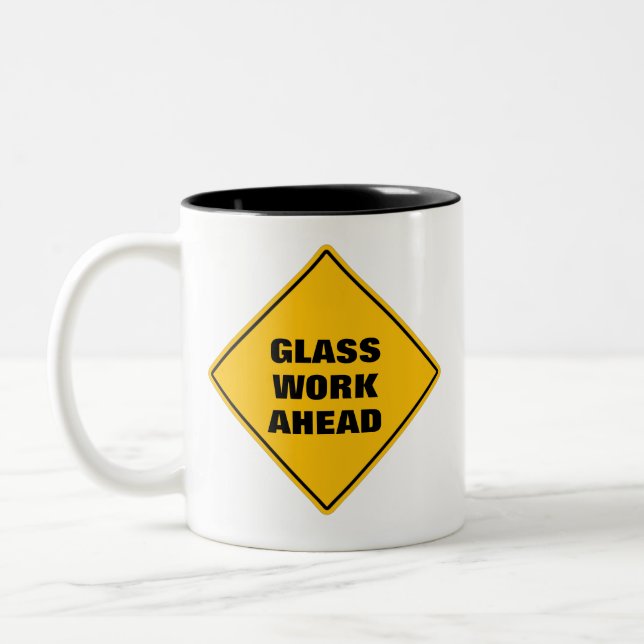Funny yellow glass  work ahead caution road sign T Two-Tone Coffee Mug (Left)