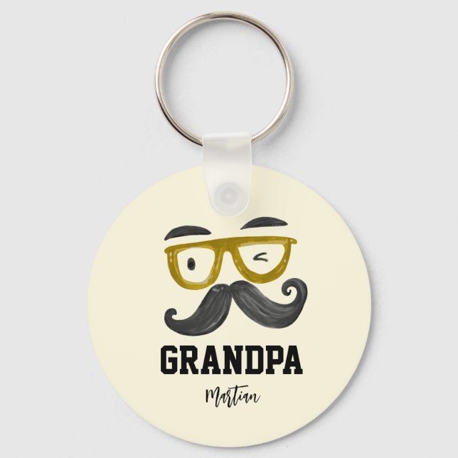 Funny Yellow Glasses And Moustache Custom Grandpa  Keychain (Front)