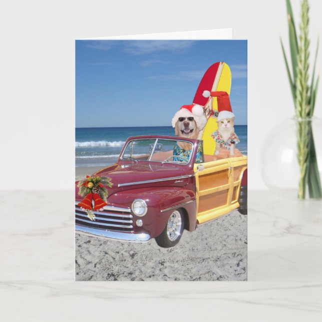 Funny Yellow Lab & Cat Surfer Christmas Holiday Card (Front)