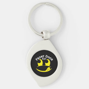 Funny Yellow Smiley Face Out on Black Metal Keychain