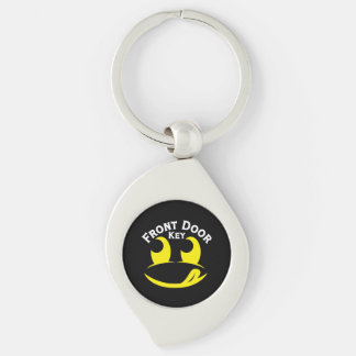 Funny Yellow Smiley Face Out on Black Metal Keychain