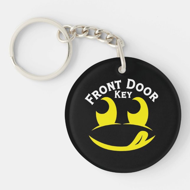 Funny Yellow Smiley Face with Tongue Out on Black Keychain (Front)