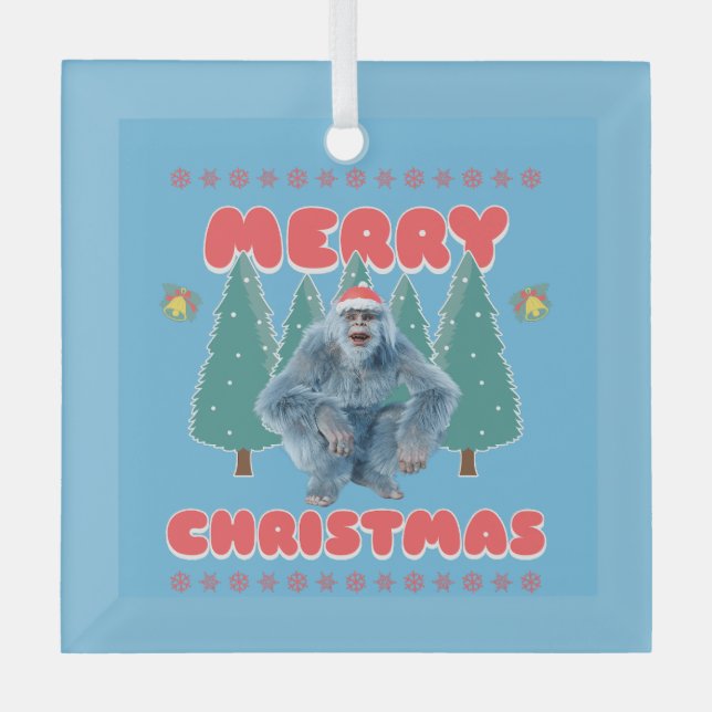 Funny Yeti - Merry Christmas Glass Ornament (Front)