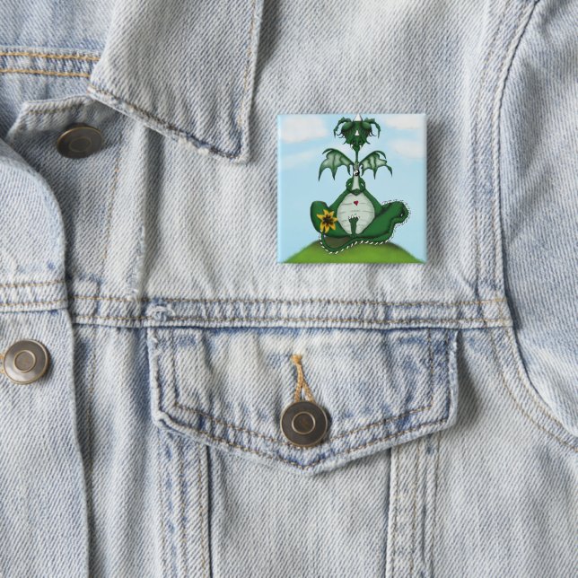 Funny Yogi Dragon Painting 2 Inch Square Button (In Situ)