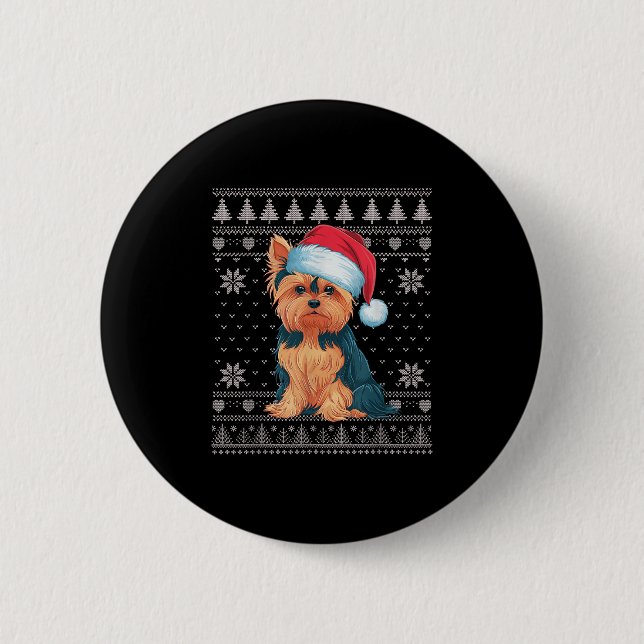 Funny Yorkie Dog Ugly Christmas Sweater Santa Xmas 2 Inch Round Button (Front)