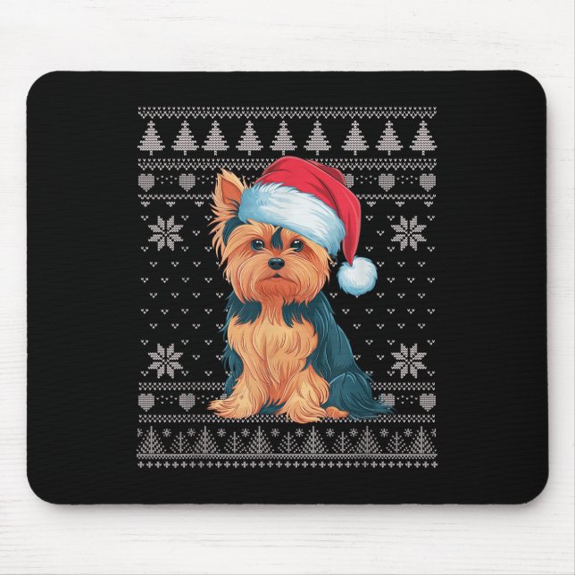 Funny Yorkie Dog Ugly Christmas Sweater Santa Xmas Mouse Pad (Front)