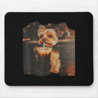 Funny Yorkie Drinking Iced Coffee Cute Dog Meme Mouse Pad