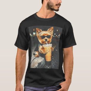 Funny yorkie drinking iced coffee cute dog meme T-Shirt