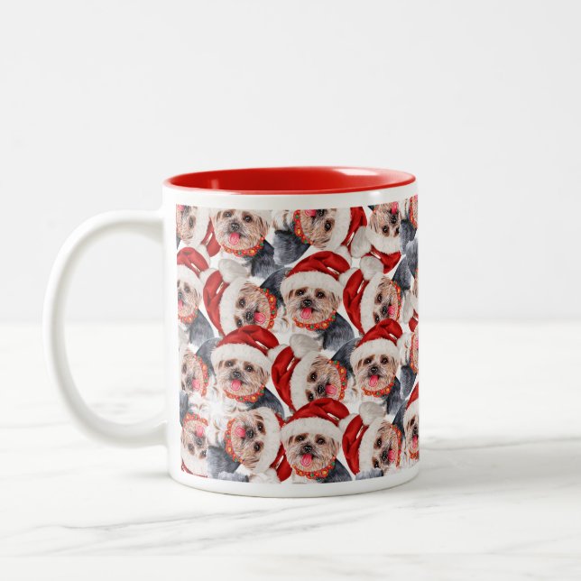 Funny Yorkshire Terrier Christmas Pattern Two-Tone Coffee Mug (Left)
