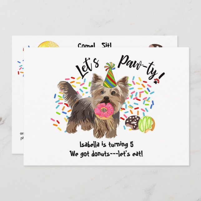 Funny Yorkshire Terrier Dog Doughnuts Birthday Par Invitation (Front/Back)