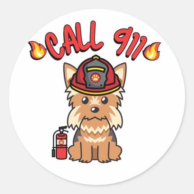 Funny Yorkshire terrier dog is a firefighter  Classic Round Sticker (Front)
