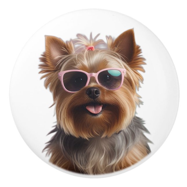 Funny Yorkshire Terrier With Sunglasses Ceramic Knob (Front)