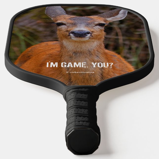 Funny Young Blacktail Deer Smiles at Photographer Pickleball Paddle (Laydown)