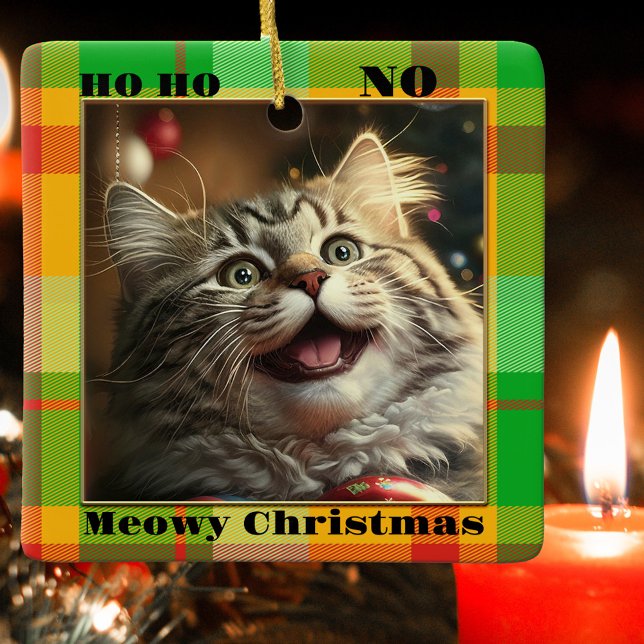 Funny Your Cat Photo Colourful Plaid Christmas Ceramic Ornament (Christmas ornament featuring a funny cat image or custom photo, framed by a plaid design)