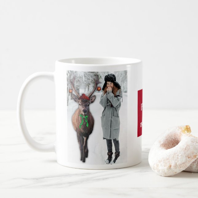 Funny Your Christmas Photo with a Deer Custom Pic Coffee Mug (With Donut)