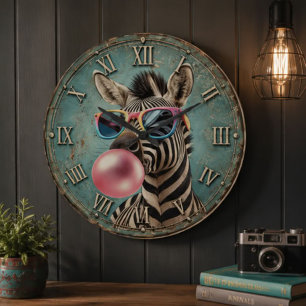 Funny Zebra Bubble Gum Colorful Quirky Safari Large Clock