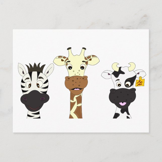 Funny zebra giraffe cow cartoon kids postcard (Front)