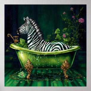Funny Zebra in a Green Bathtub Poster