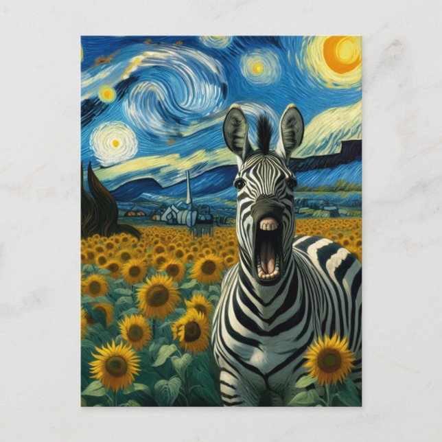 Funny Zebra in faux Van Gogh Sunflower Field Postcard (Front)