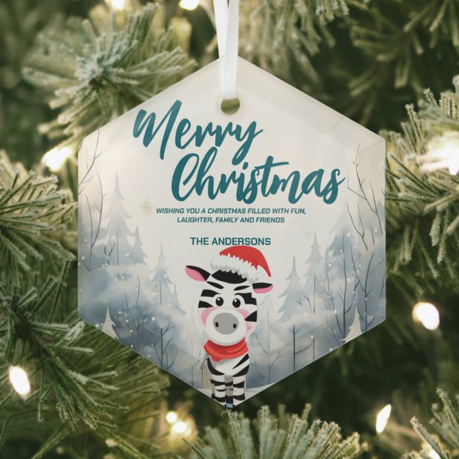 Funny Zebra Merry Xmas tree snow Holiday party Glass Ornament (Insitu)