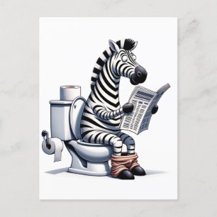 Funny Zebra on Toilet Reading Newspaper Postcard
