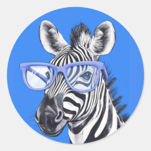 Funny Zebra with Blue Glasses Cute Classic Round Sticker