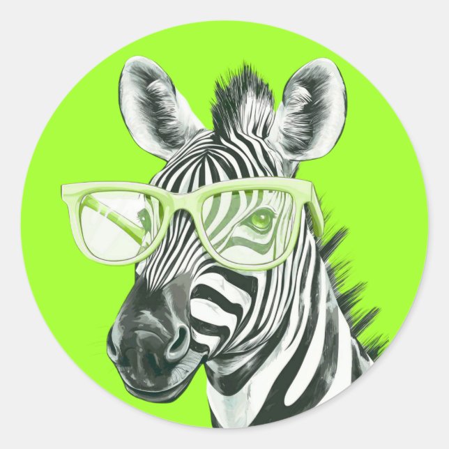 Funny Zebra with Green Glasses | Cute Classic Round Sticker (Front)