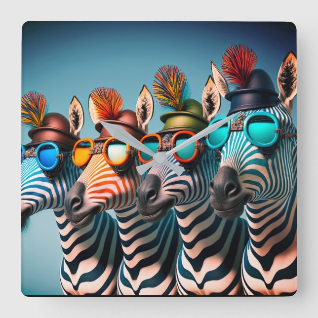 Funny Zebras Cute Zoo Animals Party Hats Glasses Square Wall Clock (Front)