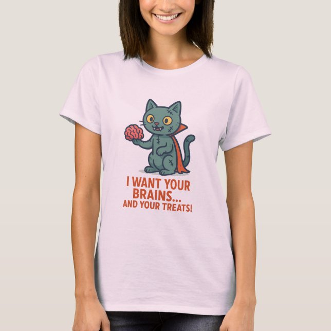 Funny Zombie Cat Halloween T-Shirt  (Front)