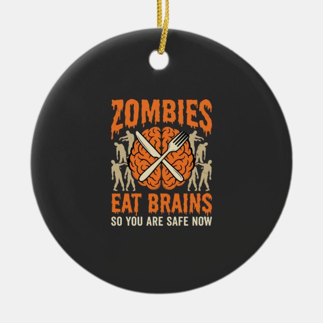 Funny Zombie Eat Brains Halloween Vector Design Ceramic Ornament (Front)
