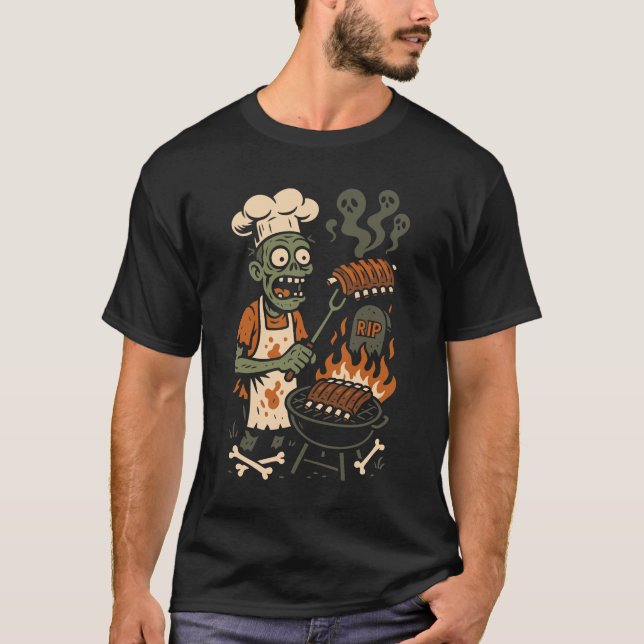 Funny Zombie Grillmaster – Skeleton BBQ Chef Art T-Shirt (Front)